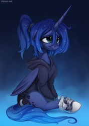 Size: 886x1252 | Tagged: safe, artist:hattiezazu, derpibooru import, princess luna, alicorn, pony, alternate hairstyle, clothes, converse, cute, female, gradient background, hoodie, hoof shoes, lunabetes, mare, ponytail, sad, sadorable, shoes, sitting, sneakers, solo