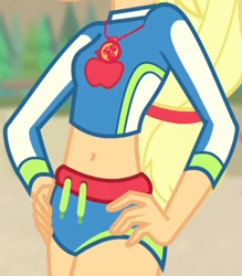 Size: 1022x1169 | Tagged: safe, derpibooru import, screencap, applejack, better together, equestria girls, forgotten friendship, belly button, boobshot, breasts, clothes, cropped, female, geode of telekinesis, hands on hip, jewelry, magical geodes, necklace, solo, swimsuit