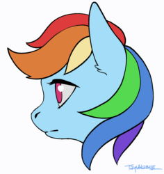 Size: 1413x1496 | Tagged: safe, artist:taytinabelle, derpibooru import, edit, rainbow dash, pegasus, pony, animated, blinking, bust, ear fluff, ear twitch, experiment, female, floppy ears, frame by frame, looking at you, mare, sidelong glance, simple background, smiling, solo, white background, windswept mane