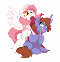 Size: 1980x2048 | Tagged: safe, artist:drtuo4, derpibooru import, oc, oc only, oc:bizarre song, oc:sugar morning, pegasus, pony, biting, cute, duo, ear bite, simple background, white background