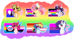 Size: 1280x678 | Tagged: safe, artist:ae4-universes, derpibooru import, applejack, fluttershy, pinkie pie, rainbow dash, rarity, twilight sparkle, twilight sparkle (alicorn), alicorn, earth pony, pegasus, pony, unicorn, alternate hairstyle, asexual, asexual pride flag, bisexual pride flag, blushing, bow, chest fluff, coat markings, curved horn, demiromantic, demiromantic pride flag, eyes closed, eyeshadow, female, freckles, genderfluid, genderfluid pride flag, grin, hair bow, headcanon, heart, heterochromia, horn, lesbian pride flag, lgbt headcanon, makeup, mane six, mare, panromantic, panromantic pride flag, pansexual pride flag, polyamory pride flag, pride, pride flag, redesign, sexuality headcanon, smiling, trans girl, transgender, transgender pride flag