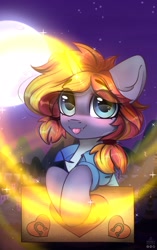 Size: 1633x2600 | Tagged: safe, artist:reterica, derpibooru import, oc, oc only, pony, unicorn, chest fluff, clothes, commission, eye clipping through hair, fangs, female, looking at you, magic, mare, moon, night, ponyvillle, sign, solo, stars, tongue out