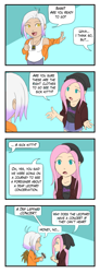 Size: 467x1267 | Tagged: safe, artist:eve-ashgrove, derpibooru import, fluttershy, gilda, human, 4koma, chibi, cinderella (band), comic, cute, def leppard, dialogue, female, foreigner, gildadorable, gildashy, humanized, journey (band), lesbian, misunderstanding, oblivious, painfully innocent fluttershy, shipping