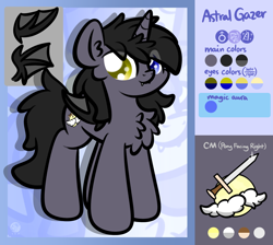 Size: 1716x1536 | Tagged: safe, artist:kimjoman, derpibooru import, oc, oc only, oc:astral gazer, alicorn, bat pony, bat pony alicorn, bat wings, chest fluff, fangs, full body, heterochromia, horn, male, reference sheet, stallion, wings