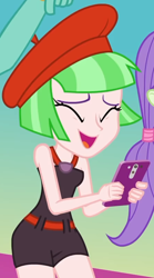 Size: 822x1479 | Tagged: safe, derpibooru import, screencap, drama letter, starlight, watermelody, zephyr breeze, equestria girls, equestria girls series, i'm on a yacht, spoiler:eqg series (season 2), background human, cellphone, clothes, cropped, eyes closed, female, phone, sleeveless, smartphone, solo, solo focus, swimsuit