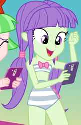 Size: 940x1449 | Tagged: safe, derpibooru import, screencap, drama letter, starlight, watermelody, better together, equestria girls, i'm on a yacht, background human, bare shoulders, cellphone, clothes, cropped, eyes closed, female, phone, sleeveless, smartphone, solo focus, swimsuit