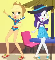 Size: 1210x1329 | Tagged: safe, derpibooru import, screencap, applejack, rarity, better together, equestria girls, i'm on a yacht, bikini, chair, clothes, cropped, dancing, duo, female, hat, looking at you, needs more jpeg, sandals, sarong, swimsuit