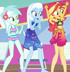 Size: 1144x1173 | Tagged: safe, derpibooru import, screencap, lyra heartstrings, sunset shimmer, trixie, equestria girls, equestria girls series, i'm on a yacht, spoiler:eqg series (season 2), belly button, bikini, chair, clothes, cropped, female, sarong, sleeveless, swimsuit, trio, trio female