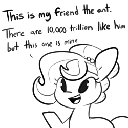 Size: 2250x2250 | Tagged: safe, artist:tjpones, derpibooru import, oc, oc only, oc:brownie bun, earth pony, insect, pony, ant, black and white, dialogue, female, grayscale, mare, monochrome, rifleman's creed, simple background, solder, solo, team fortress 2, white background