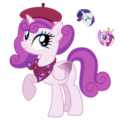 Size: 1280x1287 | Tagged: safe, artist:tenderrain46, derpibooru import, princess cadance, rarity, oc, alicorn, pony, unicorn, beret, hat, magical lesbian spawn, offspring, parent:princess cadance, parent:rarity, parents:raridance, simple background, transparent background