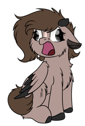 Size: 614x906 | Tagged: safe, artist:rokosmith26, derpibooru import, oc, oc only, demon, demon pony, hybrid, original species, pegasus, pony, brown mane, cheek fluff, chest fluff, coat markings, cute, cute little fangs, derp, fangs, female, filly, floppy ears, fluffy, horn, open mouth, short hair, short mane, simple background, sitting, solo, tail, tooth, transparent background, wide mouth, wings