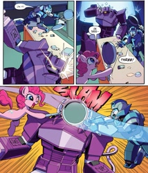 Size: 1931x2259 | Tagged: safe, artist:caseycoller, derpibooru import, idw, pinkie pie, earth pony, pony, spoiler:comic, spoiler:friendship in disguise, spoiler:friendship in disguise02, autobot, decepticon, female, frying pan, gauge (autobot), shockwave, your face