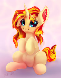 Size: 2267x2886 | Tagged: safe, artist:xbi, derpibooru import, sunset shimmer, pony, unicorn, abstract background, cute, female, looking at you, mare, sitting, smiling, solo