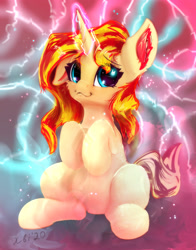 Size: 2267x2886 | Tagged: safe, artist:xbi, derpibooru import, sunset shimmer, pony, unicorn, abstract background, cute, female, looking at you, magic, magic overload, mare, sitting, smiling, solo