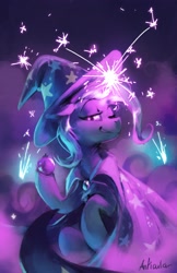 Size: 2650x4096 | Tagged: safe, artist:anticular, derpibooru import, trixie, pony, unicorn, female, floppy ears, glowing horn, high res, horn, looking at you, magic, mare, one eye closed, smiling, smoke, smoke bomb, solo, wink