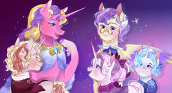 Size: 1230x662 | Tagged: safe, artist:bunnari, derpibooru import, alula, pluto, princess erroria, princess skyla, oc, oc:as de coeur, oc:demoiselle enchantée, pony, older, older princess erroria, older princess skyla, p:mademoiselle sorceille