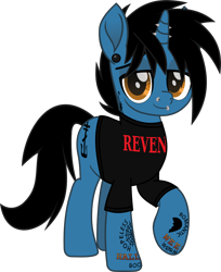 Size: 914x1119 | Tagged: safe, artist:lightningbolt, derpibooru import, pony, unicorn, .svg available, clothes, ear piercing, frank iero, gauges, horn, horn piercing, lip piercing, male, movie accurate, my chemical romance, nose piercing, piercing, ponified, raised hoof, shirt, simple background, solo, stallion, standing, svg, t-shirt, tattoo, transparent background, vector