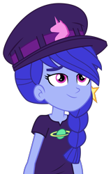 Size: 3000x4726 | Tagged: safe, artist:keronianniroro, derpibooru import, space camp (character), better together, equestria girls, five lines you need to stand in, absurd resolution, braid, clothes, cute, female, hat, not luna, shirt, simple background, smiling, solo, transparent background, vector