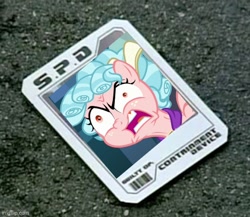 Size: 536x465 | Tagged: safe, derpibooru import, screencap, cozy glow, pegasus, pony, school raze, caption, containment card, cozy glow is best facemaker, image macro, power rangers, power rangers spd, solo, text