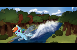 Size: 9000x5915 | Tagged: safe, artist:thehuskylord, derpibooru import, rainbow dash, pegasus, pony, background, bush, cloud, flying, forest, forest background, river, shading, smiling, solo, splash, spread wings, tree, wings