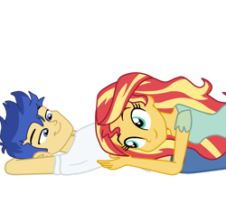 Size: 1280x1152 | Tagged: safe, artist:gmaplay, derpibooru import, flash sentry, sunset shimmer, human, equestria girls, arm behind head, clothes, female, flashimmer, happy, in love, looking down, looking up, lying down, male, on back, shipping, shirt, simple background, smiling, straight, t-shirt, transparent background, vector