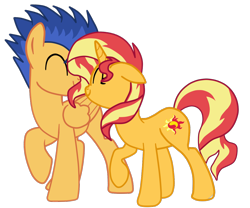 Size: 1244x1033 | Tagged: safe, artist:gmaplay, derpibooru import, flash sentry, sunset shimmer, pegasus, pony, unicorn, female, flashimmer, floppy ears, happy, in love, male, shipping, simple background, smiling, straight, transparent background, vector