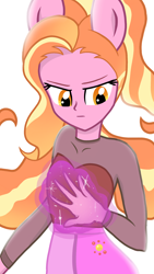 Size: 1080x1920 | Tagged: safe, artist:sallyso, derpibooru import, luster dawn, equestria girls, alternate hairstyle, clothes, equestria girls-ified, female, glowing hands, magic, ponied up, shirt, simple background, skirt, solo, white background