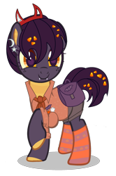 Size: 1625x2449 | Tagged: safe, artist:meimisuki, artist:rukemon, derpibooru import, oc, oc only, oc:tricky treat, bat, dracony, dragon, ghost, hybrid, pony, undead, bag, base used, candy, candy corn, clothes, commission, ear piercing, earring, fangs, female, food, hairband, jewelry, mare, piercing, pumpkin, raised hoof, saddle bag, shirt, shorts, simple background, solo, transparent background