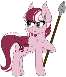 Size: 3873x4483 | Tagged: safe, artist:skylarpalette, derpibooru import, oc, oc only, oc:dusty ember, pegasus, pony, cheek fluff, chest fluff, commission, ear fluff, fierce, fluffy, full body, pegasus oc, pink fur, simple background, spear, transparent background, weapon, wings