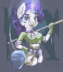 Size: 3048x3500 | Tagged: safe, artist:paskylizart, derpibooru import, rarity, anthro, unicorn, belly button, breasts, cleavage, clothes, gloves, glowing horn, helmet, horn, jeans, lipstick, pants, pickaxe, rope