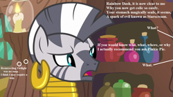 Size: 1280x720 | Tagged: safe, derpibooru import, edit, edited screencap, screencap, zecora, it isn't the mane thing about you, death battle, dialogue, ear piercing, earring, implied death, implied pinkie, implied rainbow dash, implied resurrection, implied starscream, implied twilight sparkle, jewelry, piercing, thinking, zecora's hut