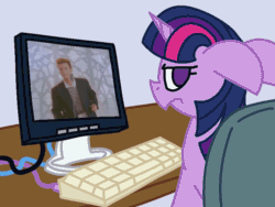 Size: 800x600 | Tagged: safe, artist:skookz, derpibooru import, twilight sparkle, human, pony, unicorn, /mlp/, angry, animated, chair, computer, desk, drawthread, female, floppy ears, gif, keyboard, looking at you, looking back, mare, monitor, ponies with technology, rick astley, rickroll, sitting, solo, twilight is not amused, unamused, wires