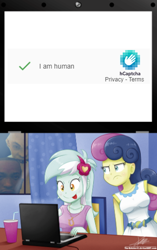 Size: 330x525 | Tagged: safe, artist:the-butch-x, derpibooru import, edit, bon bon, lyra heartstrings, sweetie drops, equestria girls, bon bon is not amused, breasts, captcha, computer, meme, tongue out, unamused