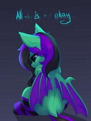 Size: 1535x2048 | Tagged: safe, artist:alphadesu, derpibooru import, oc, oc only, oc:mintybatty, bat pony, pony, disingenuous, dock, sad, sitting, solo, vent art