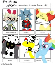 Size: 1004x1200 | Tagged: safe, artist:pokefan192, derpibooru import, rainbow dash, anthro, bear, human, pegasus, pony, animal crossing, anthro with ponies, bust, clothes, crossover, eyes closed, face mask, female, fennekin, glasses, male, mare, mask, mega ampharos, older, older rainbow dash, open mouth, pokémon, rick and morty, rick sanchez, robes, sandals, six fanarts, smiling, villager, wooloo