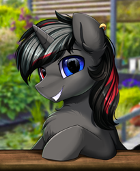 Size: 1446x1764 | Tagged: safe, artist:pridark, derpibooru import, oc, oc only, pony, unicorn, bust, chest fluff, commission, cute, handsome, heterochromia, looking at you, male, portrait, smiling, solo