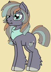 Size: 612x860 | Tagged: safe, artist:rosefang16, derpibooru import, oc, oc only, oc:stalagmite apple, earth pony, pony, :t, bandana, colt, hoof fluff, male, offspring, parent:big macintosh, parent:marble pie, parents:marblemac, simple background, solo, yellow background