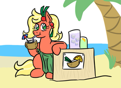 Size: 737x537 | Tagged: safe, artist:jargon scott, derpibooru import, oc, oc only, oc:bahama nectar, earth pony, pony, beach, coconut, coconut drink, drink, drinking, drinking straw, ear piercing, female, food, hair accessory, hoof hold, ice, juice, mare, mature, ocean, palm tree, picture, piercing, sand, sarong, sitting, smiling, solo, tree, umbrella drink, water