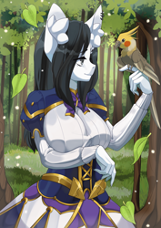 Size: 1920x2715 | Tagged: safe, artist:etiv, derpibooru import, oc, oc only, oc:lodey darkshine, anthro, bird, earth pony, anthro oc, clothes, cockatiel, ear fluff, ear piercing, female, mare, nature, piercing, ych result