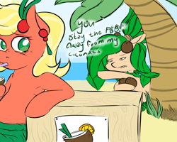 Size: 1280x1024 | Tagged: dead source, safe, artist:icapon, derpibooru import, oc, oc only, oc:bahama nectar, oc:sandy cocopine, earth pony, pony, angry, beach, censored vulgarity, coconut, coconut drink, dialogue, drink, duo, ear piercing, female, floppy ears, food, grawlixes, hair accessory, looking back, mare, mature, ocean, palm tree, picture, piercing, sand, sarong, tree, water