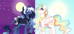 Size: 1280x587 | Tagged: safe, artist:jxstvelvet, derpibooru import, princess celestia, princess luna, alicorn, pony, alternate design, duo, moon, royal sisters, sisters, sun