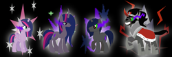 Size: 1929x641 | Tagged: safe, artist:mlpmoonstar, artist:selenaede, derpibooru import, king sombra, twilight sparkle, twilight sparkle (alicorn), oc, oc:prince shadow fire, oc:princess shadow sparkle, alicorn, pony, unicorn, alternate universe, base artist:selenaede, base used, base:selenaede, bevor, black background, boots, cape, chestplate, clothes, corrupted, corrupted twilight sparkle, crown, curved horn, cutie mark, cutie mark background, dark, dark equestria, dark magic, dark queen, dark twilight, dark twilight sparkle, dark world, darklight, darklight sparkle, deathverse, duo, evil twilight, female, gorget, helmet, hoof shoes, horn, jewelry, magic, male, necklace, offspring, parent:king sombra, parent:twilight sparkle, parents:twibra, peytral, possessed, queen of shadows, queen twilight, queen twilight sparkle, regalia, robe, shipping, shoes, simple background, sombra empire, sombra eyes, sombra's cape, sombra's cutie mark, sombra's robe, straight, tiara, twibra, twilight is anakin, tyrant sparkle