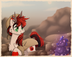 Size: 2500x2000 | Tagged: safe, artist:dreamy, artist:littledreamycat, derpibooru import, oc, oc:moondust, deer, deer pony, original species, archaeology, background, clothes, commission, hat, jacket, mountain, scenery, solo, statue