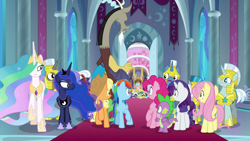 Size: 1920x1080 | Tagged: safe, derpibooru import, screencap, applejack, cozy glow, discord, fluttershy, pinkie pie, princess celestia, princess luna, rainbow dash, rarity, spike, alicorn, dragon, pony, the ending of the end, alicornified, cozycorn, race swap, royal guard, winged spike