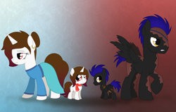 Size: 2746x1750 | Tagged: safe, artist:dyonys, derpibooru import, oc, oc:diamond cave, oc:dragon fly, pegasus, pony, unicorn, age progression, burned, female, male, mare, scar, self ponidox, siblings, stallion