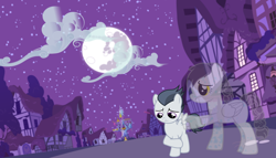 Size: 2500x1425 | Tagged: safe, artist:jawsandgumballfan24, derpibooru import, rumble, oc, ghost, undead, colt, female, male, mare in the moon, moon, mother and child, mother and son, night, parent and child, ponyville, sad, twilight's castle
