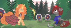Size: 5000x2000 | Tagged: safe, artist:liquorice_sweet, derpibooru import, oc, oc only, oc:artfulcord, oc:highland springs, pegasus, pony, :p, amputee, apple, arrow, arrows, bow, bow (weapon), clothes, clothes on pony, dress, food, grin, nervous, pegasus oc, prosthetic leg, prosthetic limb, prosthetics, quiver, scared, sikan pegasus, smiling, target, this will end in tears, tongue out, tree, wings