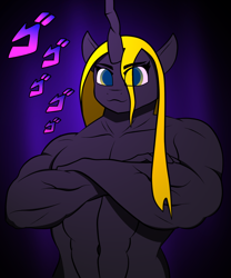 Size: 1500x1807 | Tagged: safe, artist:ob2908, derpibooru import, oc, oc:zalolza, anthro, changeling, jojo reference, jojo's bizarre adventure, menacing, muscles, solo, yellow changeling, ゴ ゴ ゴ