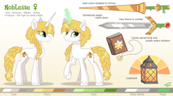 Size: 4500x2500 | Tagged: safe, artist:liquorice_sweet, derpibooru import, oc, oc:noblesse oblige, unicorn, blonde mane, book, charm, cutie mark, fantasy class, female, fetlock tuft, green eyes, jewelry, knight, lance, lantern, necklace, paladin, reference sheet, sword, warrior, weapon, white coat