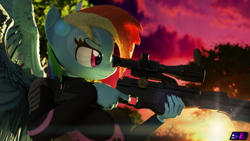 Size: 3840x2160 | Tagged: safe, artist:shadowboltsfm, derpibooru import, rainbow dash, anthro, pegasus, plantigrade anthro, 3d, 4k, badass, black nail polish, blender, bodysuit, breasts, clothes, eyelashes, lens flare, nail polish, sunset, weapon, wings